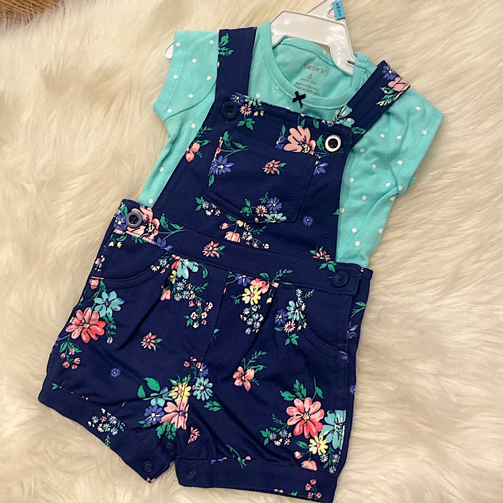 6m Overall Shorts outfit with matching blue polka dot T-shirt. NWOT